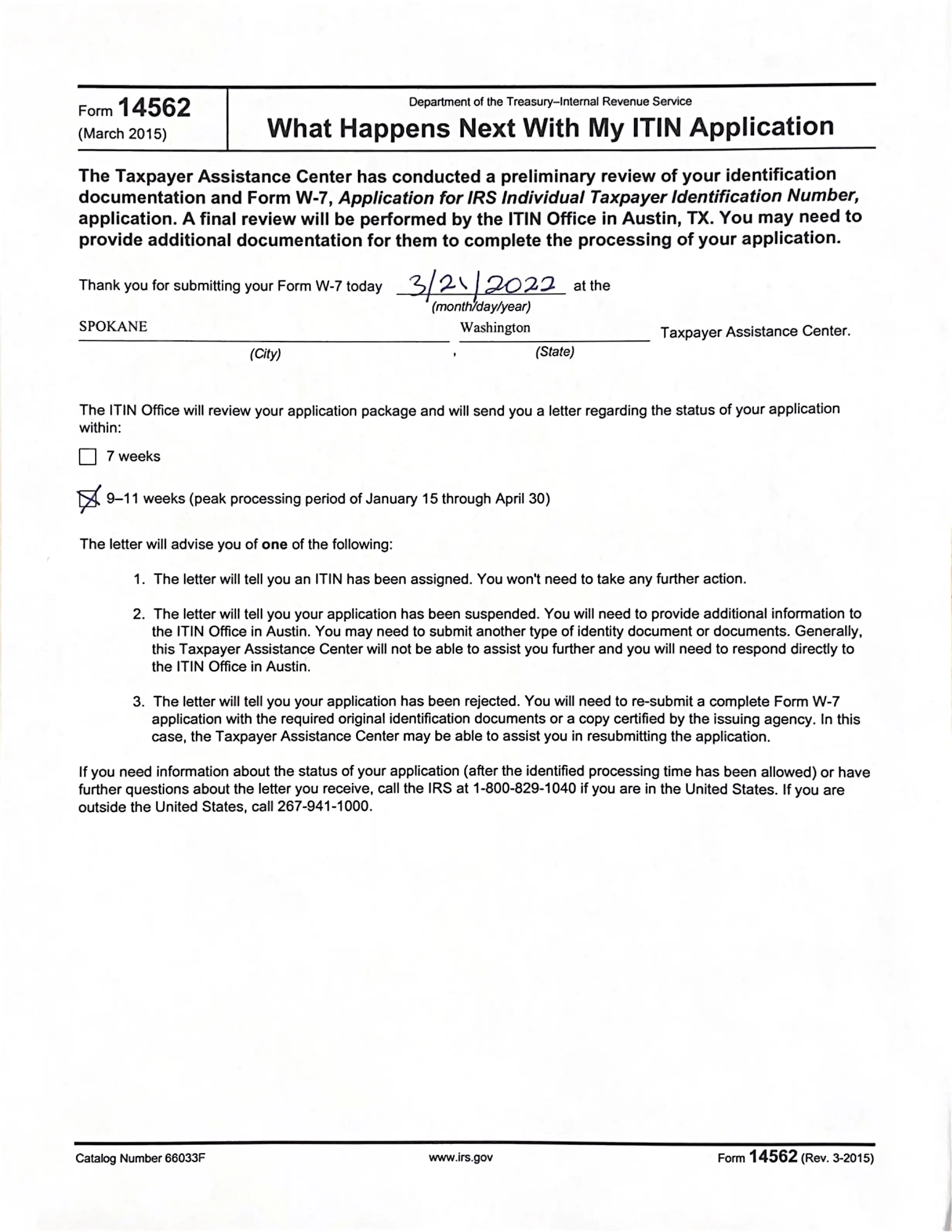Form 14562 - What Happens Next With My ITIN Application